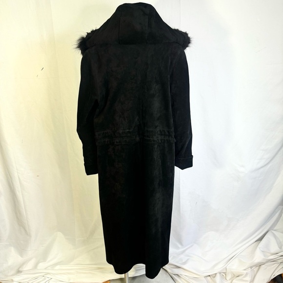 VERNISSAGE VINTAGE BLACK LEATHER TRENCH COAT WINTER COAT WITH FAUX FUR LARGE - Picture 5 of 17